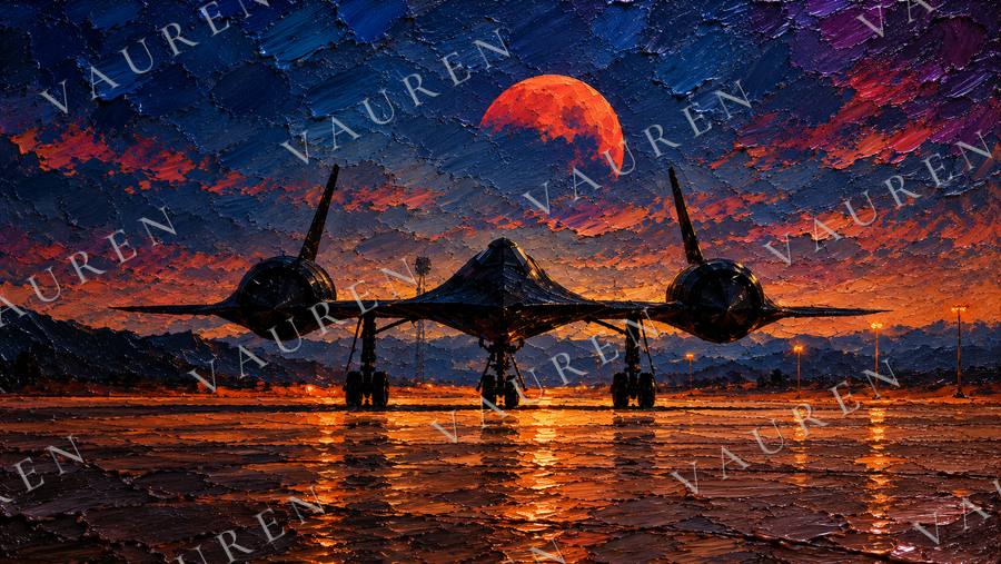 Stealth aircraft before a red moon — landscape wallpaper, Vauren Altitude pack