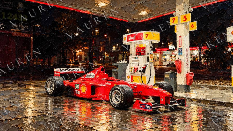 Red race car at a night petrol station — landscape wallpaper, Vauren Paddock pack