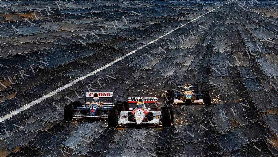 Three classic Formula 1 cars on a wet track — landscape wallpaper, Vauren Paddock pack
