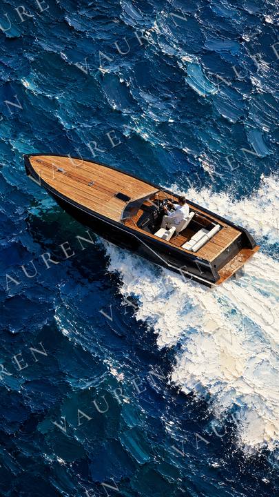 Wooden runabout crossing the ocean — portrait wallpaper, Vauren Riviera pack