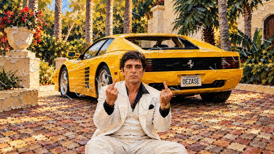 Yellow Ferrari in a sunlit courtyard — landscape wallpaper, Vauren Riviera pack
