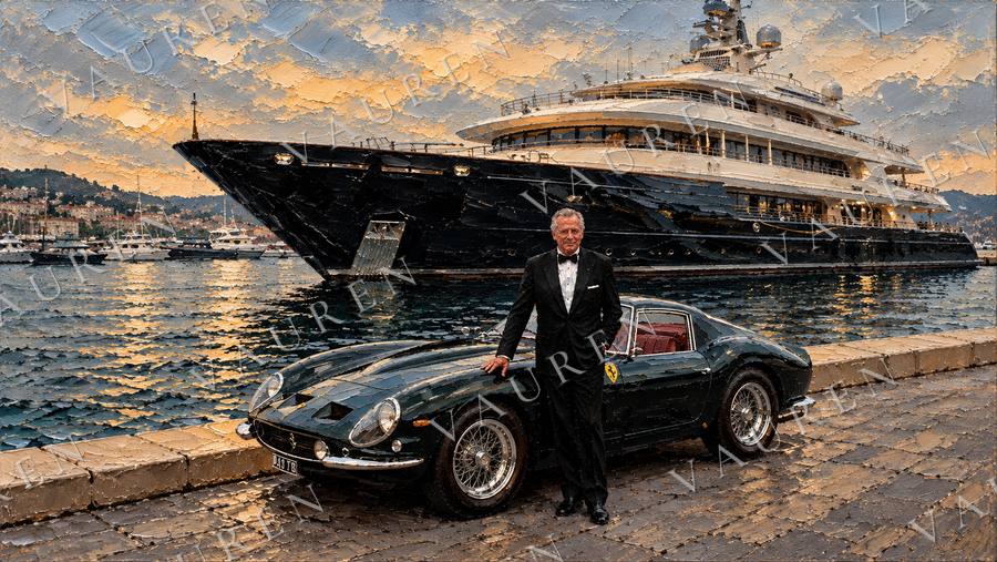 Classic Ferrari beside a superyacht — landscape wallpaper, Vauren Riviera pack