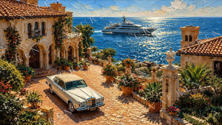 Mediterranean villa with a Rolls-Royce and a yacht — landscape wallpaper, Vauren Riviera pack